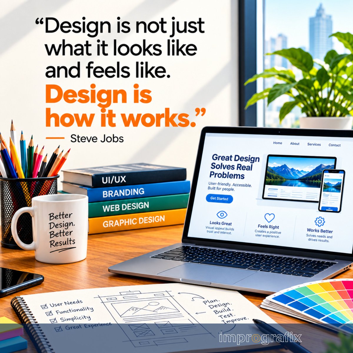 imprografix's tweet photo. 𝗧𝘂𝗲𝘀𝗱𝗮𝘆 𝗧𝗮𝗹𝗸...
“Design is not just what it looks like and feels like. Design is how it works.”
- Steve Jobs
#DesignThinking #GraphicDesign #WebDesign #UXDesign #DesignInspiration #Innovation #imprografix https://t.co/YXDK1rLBij