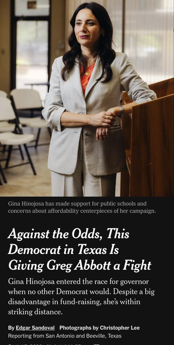 XochitlHinojosa's tweet photo. NYT: Against the Odds, This Democrat in Texas Is Giving Greg Abbott a Fight

“Gina Hinojosa entered the race for governor when no other Democrat would. Despite a big disadvantage in fund-raising, she’s within striking distance.”
https://t.co/uARi2KsCPE https://t.co/l7Hh9Ka6qL