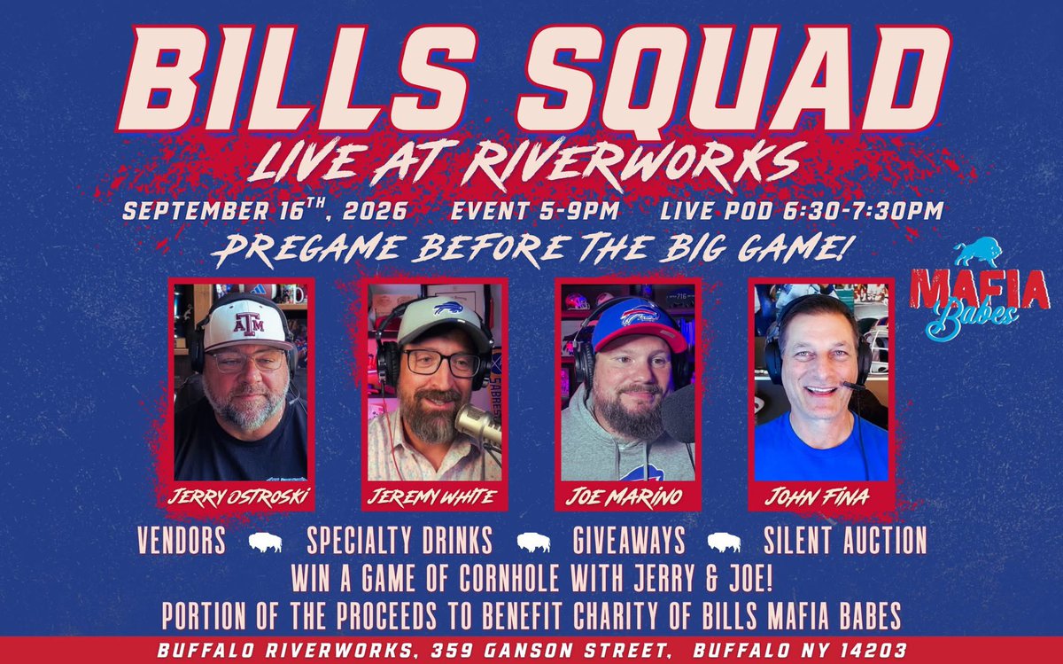 Kimmick86's tweet photo. 🚨TOMORROW NIGHT🚨

Come hang out at Riverworks from 5-9 with the Bills Squad, benefitting the Mafia Babes!

✨The main attraction - a live podcast with @TheJoeMarino, @JeremyWGR, @Ostroski_BigO &amp; @JohnFina ✨

Special guests 👀, vendors and lots more! 👏

GO BILLS! https://t.co/sg3TxSsmFw