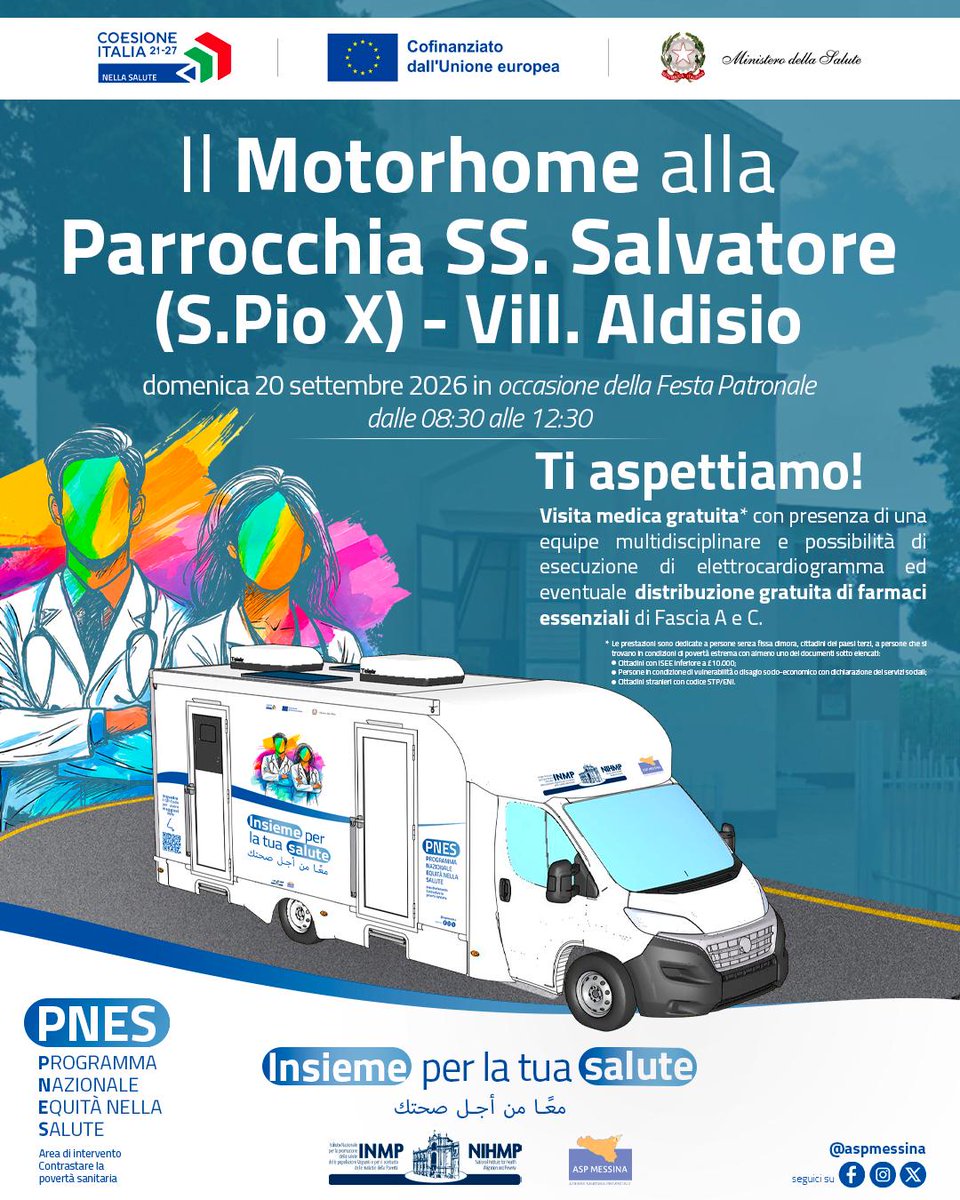 AspMessina's tweet photo. Il Motorhome della Salute arriva a Villaggio Aldisio!
Domenica 20 settembre 2026, dalle 8:30 alle 12:30, saremo presso la Parrocchia SS. Salvatore (San Pio X), in occasione della Festa Patronale. https://t.co/SjgKHxgUi2