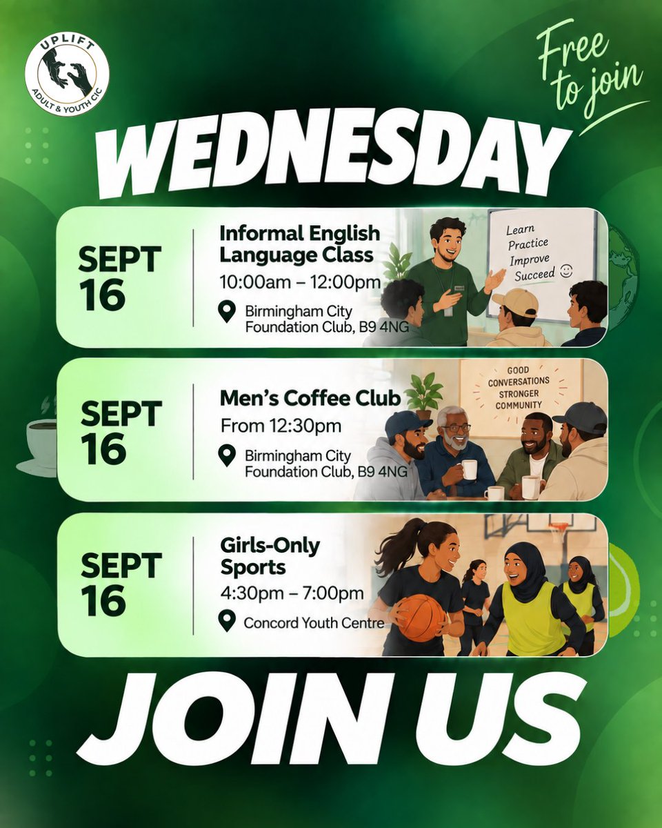 Upliftorguk's tweet photo. π WEDNESDAY AT UPLIFT! π±
π English Class | 10amβ12pm
https://t.co/VzLVOGf2gn
β Menβs Coffee Club | 12:30pm
https://t.co/QI7J1aSYMu
π Girls-Only Sports | 4:30β7pm
https://t.co/qN24HiZ3PZ
π Free to join!
#UPLIFT #Birmingham https://t.co/BWZKrrNw3M