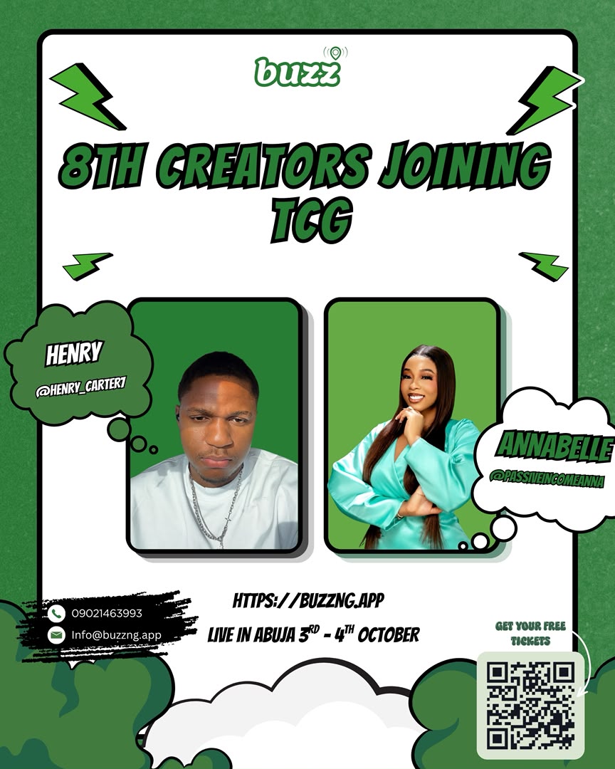 Buzzng_app's tweet photo. 🔥 MORE CREATORS🔥
  
Presenting the 8th Creators officially joining TCG 2026. 

Welcome Henry &amp; Annabelle to The Creators Game!  

📍 Abuja 
📅 3rd - 4th October 2026
🎫 FREE TICKETS AVAILABLE   

#TheCreatorsGame #BuzzngApp #AbujaEvents #NigeriaCreators #Abuja https://t.co/dFrdd6NEfS