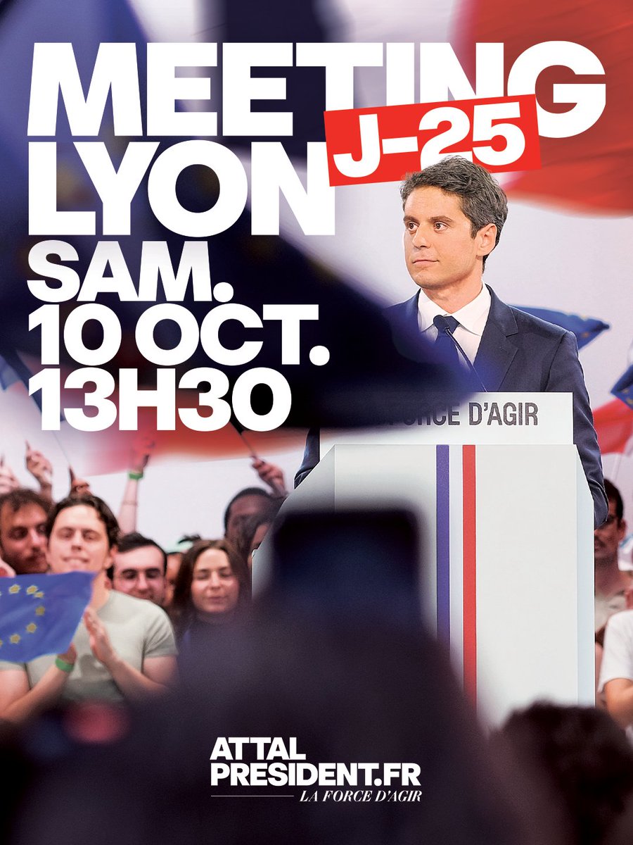 Renaissance's tweet photo. Plus que 25 jours ! 🔥

Samedi 10 octobre, rendez-vous à Lyon pour le grand meeting de rentrée de @GabrielAttal !

Réservez votre place dès maintenant ➜ https://t.co/SIDQMiOs54 https://t.co/gsydJxcFol