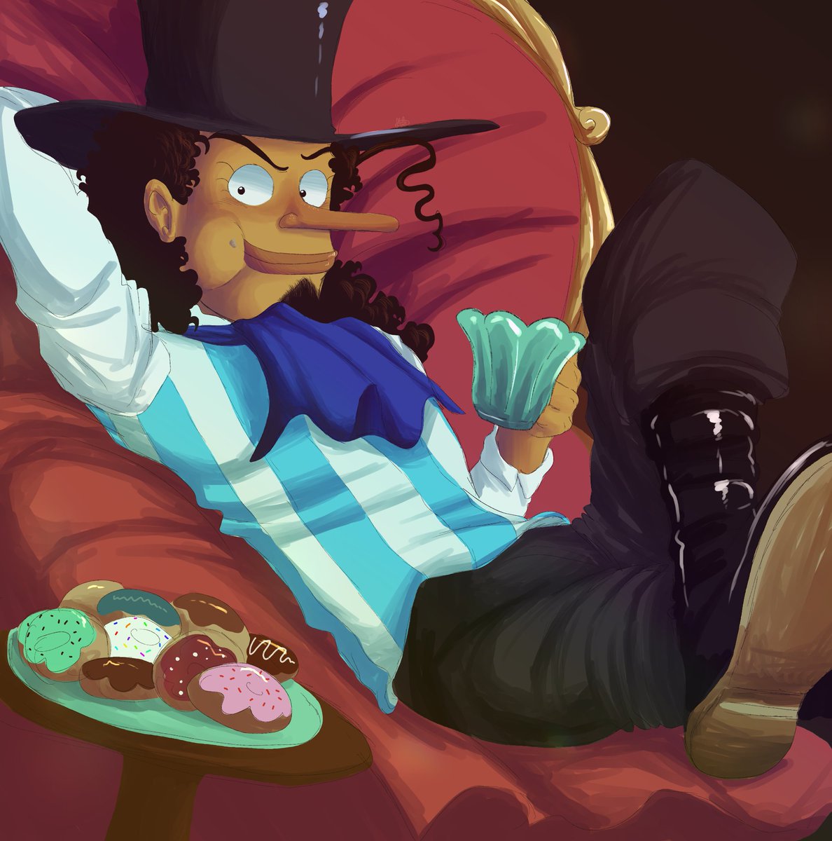 Soppyzone's tweet photo. Cute lil fancy Usopp 
Would you sit in that big chair m eat pastries with him?
#usopp #onepiece #onepiecefanart https://t.co/Kpy5vRjWhA