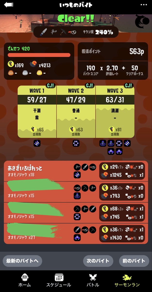 AsagiLifeSalmon's tweet photo. 開幕1オカシラだけやりましたー
野良記録付け始めてからようやく2ステ目の200↑

野良は野良のやりたいことがあるから仕方ないけど、1戦目の干潮霧がめちゃ良かったのに1人がラスト20秒で金シャケ連れて通常側塗りに行っちゃって悲しみー🥲
しかもその金シャケ10個持ち🥲
(3枚目) https://t.co/BJEVLPDbJN