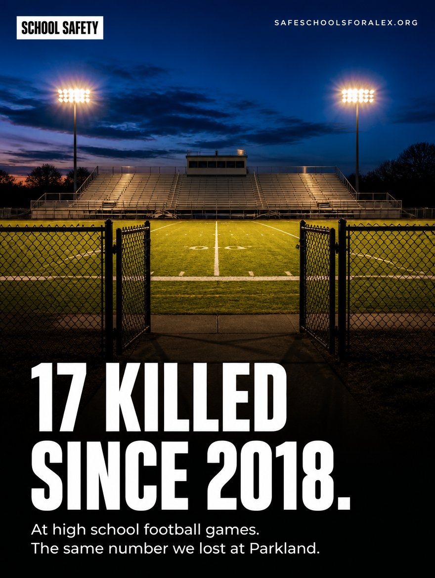 maxschachter's tweet photo. 17 people have been killed at high school football games since 2018. The same number we lost at Parkland, spread thin across eight seasons so nobody counted it as one thing.

Everything a district buys for safety assumes a building with a perimeter. Then Friday night comes. The entry point is a folding table somebody carried out at five. The perimeter is a fence with three gates propped open. Four thousand people in the dark.

Every system we bought is two hundred yards away, watching an empty corridor.

The fix is not another scanner. It is three questions you can ask before Friday, and they cost nothing.

I want those bleachers full. I want kids to have Friday nights. I would give anything to complain about the parking one more time.

Read full story here: https://t.co/UiASIZca7o

For Alex. And for all of them @alexsafeschools