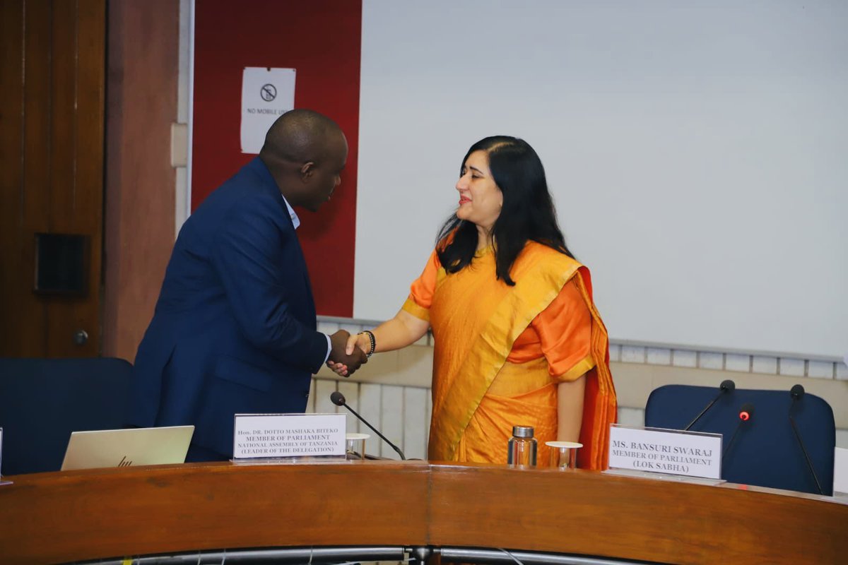 BansuriSwaraj's tweet photo. Addressed high level parliamentary delegation Led by Former Deputy PM Hon. Dr. Dotto Mashaka Biteko from the National Assembly of the United Republic of Tanzania on ‘Parliament in Indian Policy’ today at the Parliament Library Building.

The interaction offered an opportunity to share perspectives on India’s parliamentary traditions, the role of Parliament in policy making and the functioning of our democratic institutions, while also learning from the experiences of our Tanzanian counterparts.

Democracy flourishes through dialogue. When institutions learn from one another, they deepen mutual understanding and strengthen the bonds of friendship and cooperation between nations. 

#IndiaTanzania