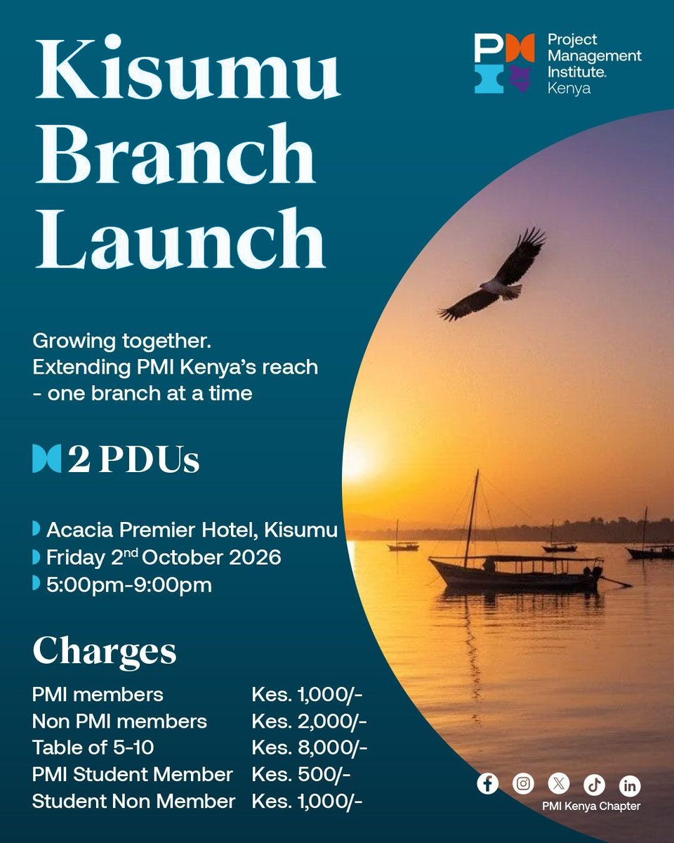 Pmi_Ke's tweet photo. Kisumu, we’re coming your way!

Join PMI Kenya for the official launch of the Kisumu Branch.

📍 Acacia Premier Hotel, Kisumu
📅 2 Oct 2026 | ⏰ 5–9 PM

🎟️ Register: Kisumu Branch Launch

#PMIKenya #KisumuBranch #ProjectManagement https://t.co/tAgAbY34mj