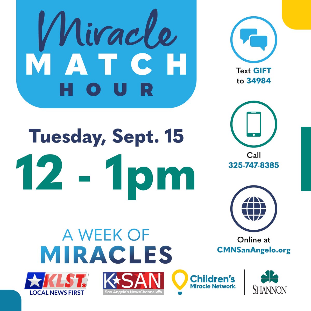 ShannonMedical's tweet photo. ✨️ Midday Miracle Match✨️ happening NOW!
All donations made during this hour will be matched!
https://t.co/CY8ckAioJB #WeekofMiracles https://t.co/d0BjSvgxdy