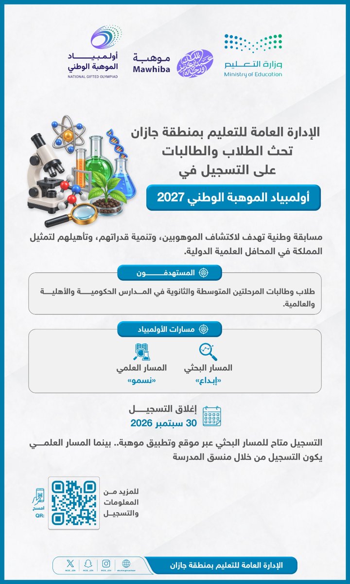 MOE_JZN's tweet photo. موهبتك… بوابتك نحو العالمية |

#تعليم_جازان يحث طلاب وطالبات المرحلتين المتوسطة والثانوية على التسجيل في #أولمبياد_الموهبة_الوطني 2027.

🔹سجّل الآن: https://t.co/7IEGElaIOi https://t.co/L56Cft0mKJ