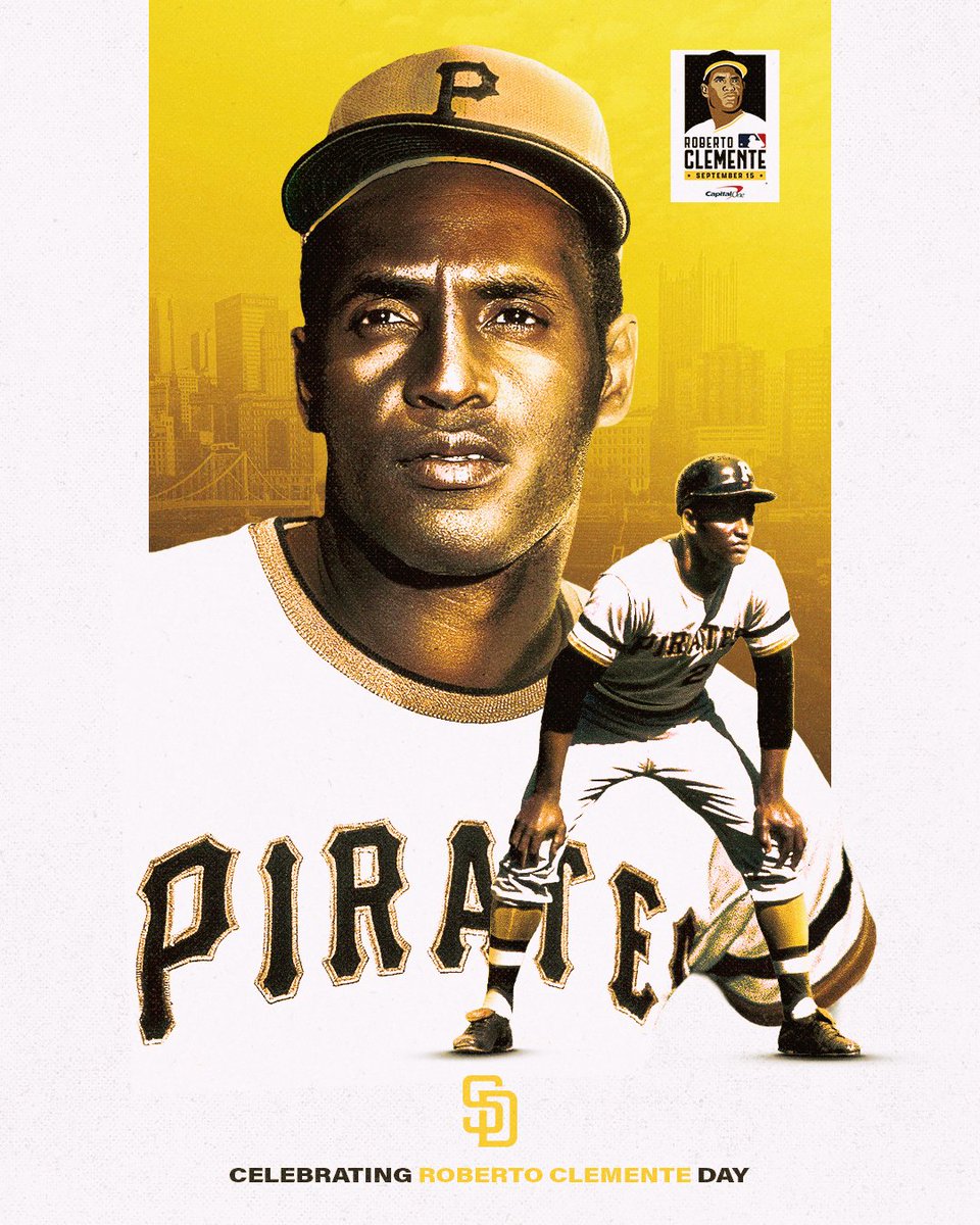 Graphic celebrating Roberto Clemente Day. The graphic features two photos of Clemente in his Pirates uniform.
