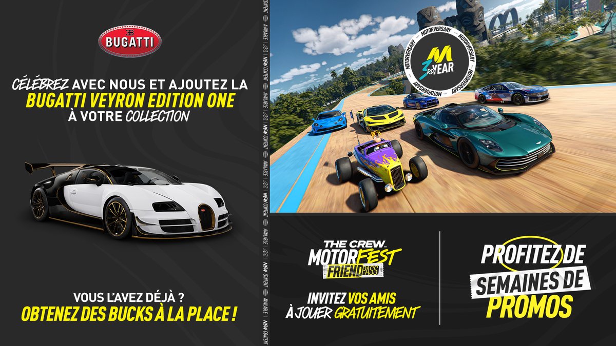TheCrewFR's tweet photo. On fête les 3 ans de The Crew Motorfest ! 🎂

🏆 Obtenez gratuitement la Bugatti Veyron Edition One en finissant un événement OU des Bucks si vous l'avez déjà
👥 Invitez 3 amis à jouer gratuitement, sans limite de temps, avec le Friend Pass
🛍️ Plus de vanités dans la boutique https://t.co/0nOoyblbeQ