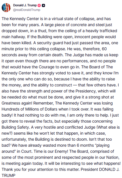 GuntherEagleman's tweet photo. 🚨President Trump just revealed a MASSIVE chunk of concrete and steel CRASHED down from the ceiling inside the Kennedy Center.

A security guard walked through that exact hallway 60 seconds earlier.

He was ONE MINUTE from being killed.

The building is in a virtual state of collapse. No performances. Empty hallways. And a hostile judge is still BLOCKING Trump from fixing it.

The Board voted to let him save it. He can raise the money. He can rebuild it.

But the courts keep stalling while the place literally falls apart.

Time is the enemy.
