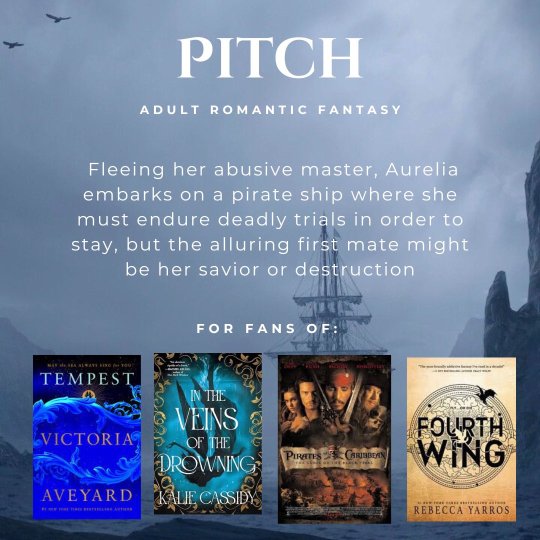 melodywanders's tweet photo. Hi #literaryagents 

Agent’s Guide to TIDEBOUND

Fleeing her abusive master, Aurelia embarks on a pirate ship where she must endure deadly recruiting trials in order to stay, but the alluring first mate might be her savior or her downfall

#amquerying #romantasy #piratefantasy https://t.co/5IZLxm9wKu