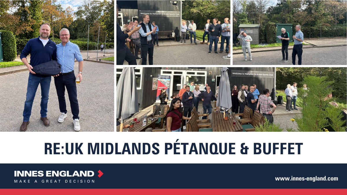 InnesEngland's tweet photo. The IE team had a great time at the RE Midlands Pétanque &amp; Buffet, catching up with industry contacts &amp; enjoying some friendly competition, with our very own Adam Rock taking the win! We were also delighted to sponsor the bar. Thanks to Real Estate and everyone who joined us! https://t.co/gXF9b0Atma