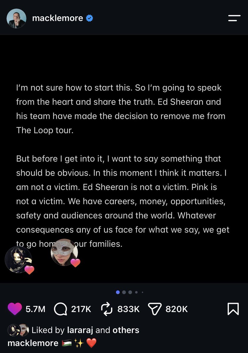 NewsKatseye's tweet photo. Lara and Megan have both liked Macklemore’s statement after his removal by Ed Sheeran and his team from upcoming tour due to his support of Palestine. 

Manon, Megan, and Lara have all unfollowed Ed Sheeran on Instagram. 

#FREEPALESTINE 🇵🇸🤍🫂 https://t.co/6uEyZrVjbv