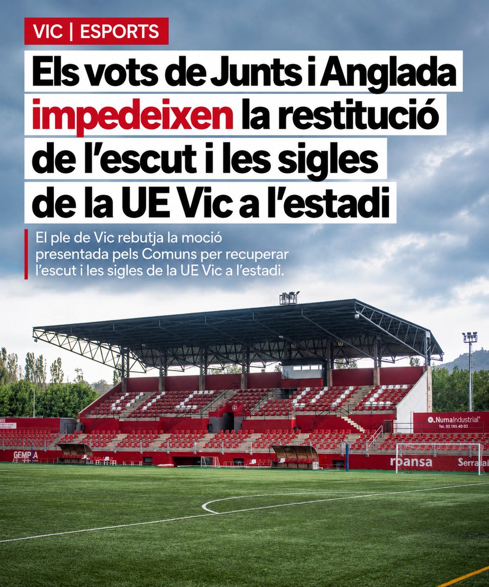 ArnauMarti's tweet photo. ⚽️ Ahir, al #PleVic, 9 vots van defensar recuperar l’escut i les sigles de la UE Vic. 

Junts (8) i Anglada (2) ho van impedir, amb l’abstenció d’ARA Vic.

Poden esborrar les sigles d’una graderia, però no poden esborrar la història de la ciutat. 🔴⚪️

#Vic @UEVic_ https://t.co/EWS0SRwfN7