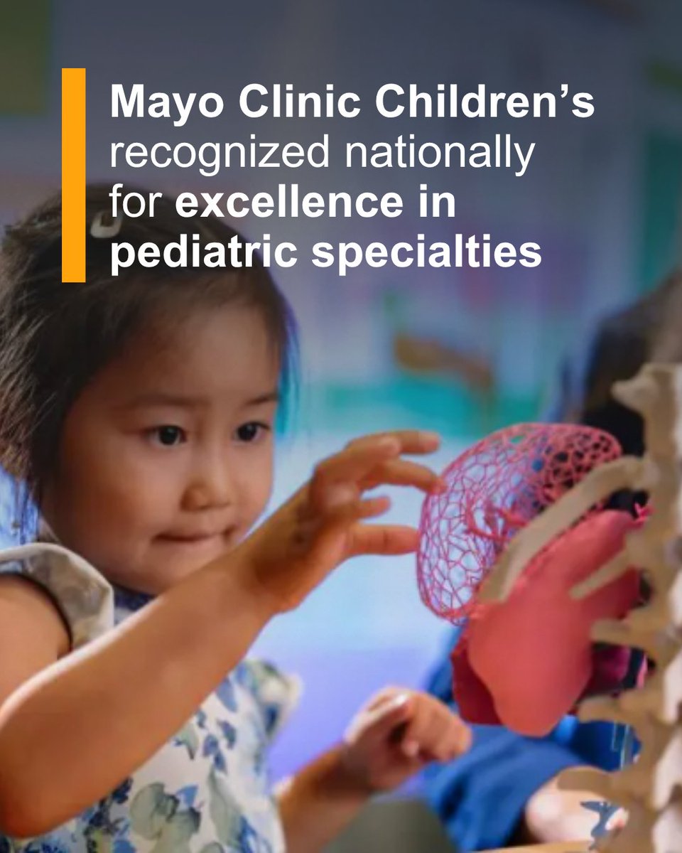 MayoClinic's tweet photo. Mayo Clinic Children’s in Rochester has been recognized for excellence in pediatric care in U.S. News &amp; World Report’s 2026–27 “Best Children’s Hospitals” rankings.

Learn more: https://t.co/isNKljcbeS https://t.co/FzFTE4zKIX