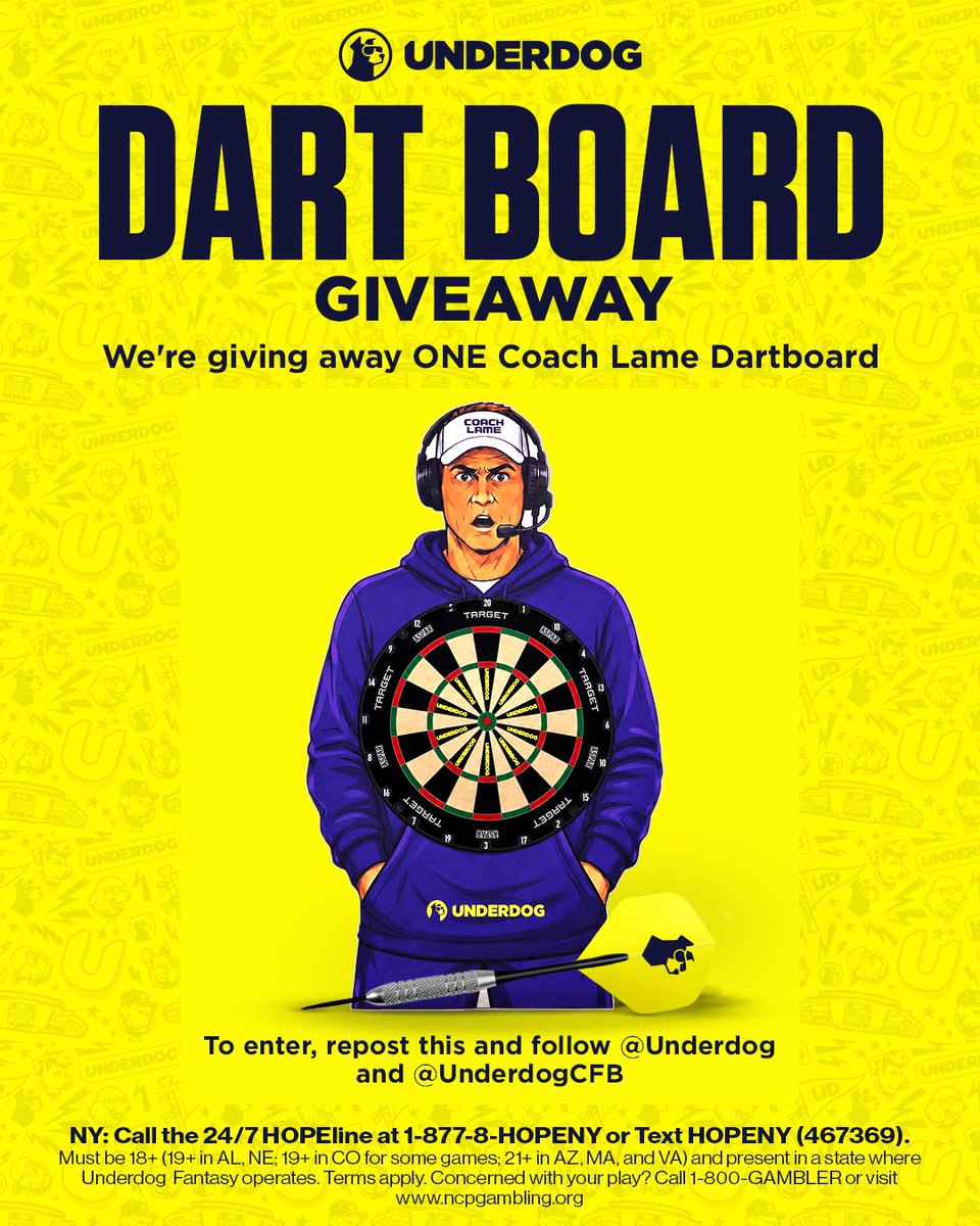 Underdog's tweet photo. 🎯 DART BOARD GIVEAWAY 🎯

We're giving away a dart board to one person who...

1️⃣ Reposts this
2️⃣ Follows us
3️⃣ Follows @UnderdogCFB
