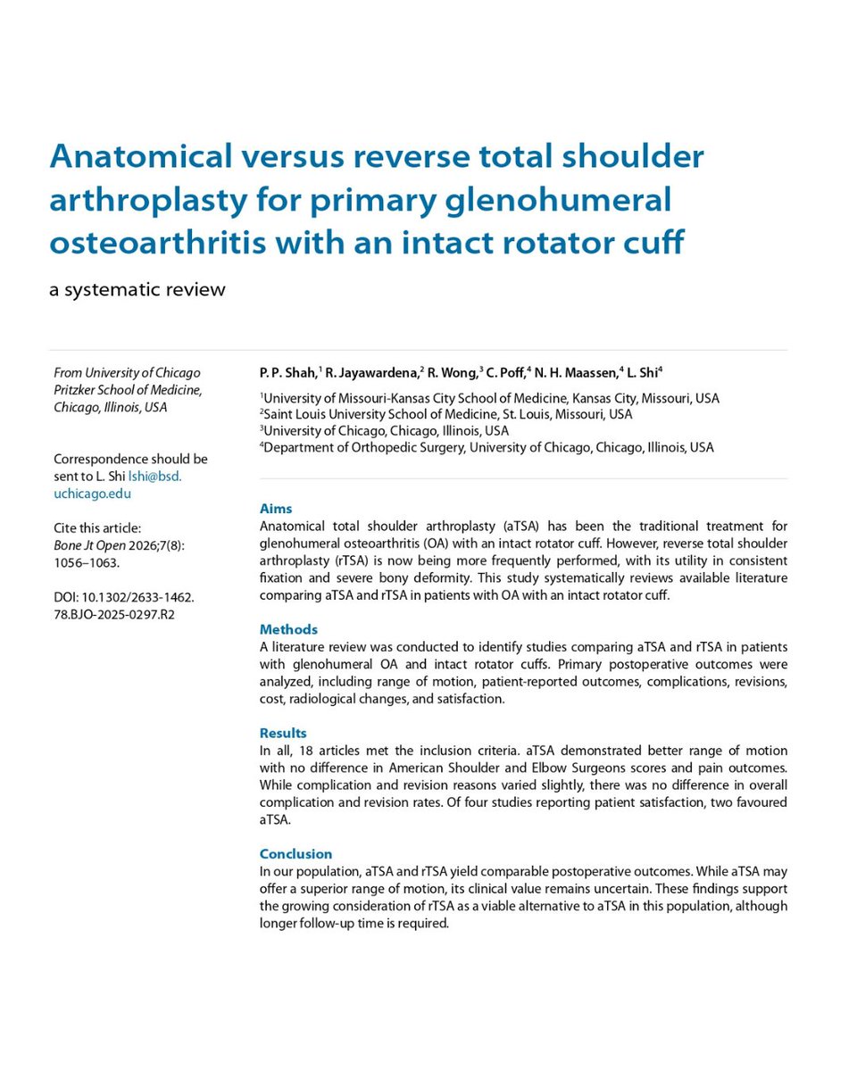 BoneJointOpen's tweet photo. For patients undergoing reverse total shoulder arthroplasty (rTSA) or anatomical total shoulder arthroplasty (aTSA), both aTSA & rTSA demonstrate similar overall complication rates, pain relief & patient satisfaction.
#Shoulder #Arthritis #RotatorCuff
https://t.co/A43g9Vc0nk https://t.co/sl9nOeToAx