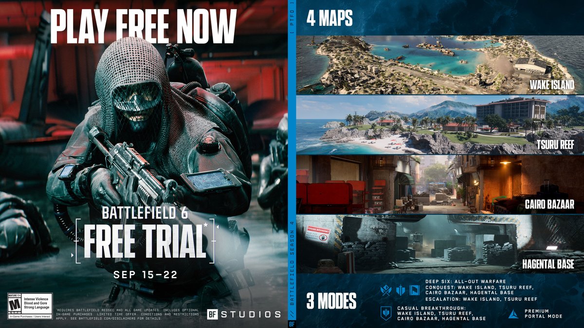 Battlefield's tweet photo. The #Battlefield6 Free Trial is live now through Sept. 22 🌊

Jump into 3 modes across 4 maps, including Wake Island and Tsuru Reef, and take on the Deep Six Collection Event. https://t.co/j7whTxNTuW