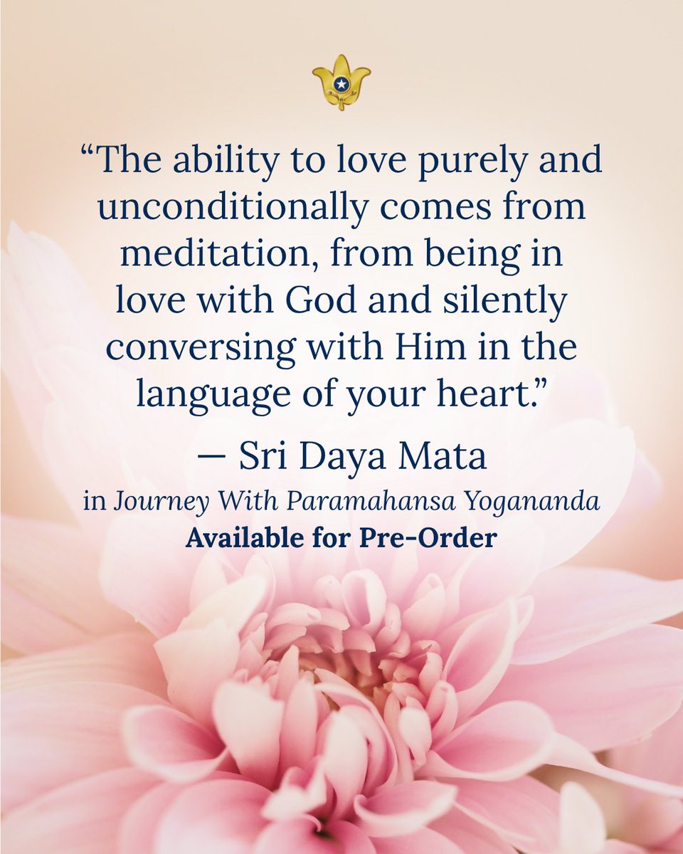 srfyogananda's tweet photo. “The ability to love purely and unconditionally comes from meditation, from being in love with God and silently conversing with Him in the language of your heart. I don’t think there is a moment in my life that I am not talking to Him. I am not much concerned whether or not He talks to me. Perhaps I’m odd in thinking so. But I only know what joy comes from inwardly conversing with God, and then suddenly feeling a great thrill of divine love or bliss or wisdom pouring through my consciousness. Then I know: ‘Ah, Divine Mother, it is You who give that which I seek in this life.’” — Sri Daya Mata 

We are pleased to announce that “Journey With Paramahansa Yogananda” is now available for pre-order. This is the third collection of talks by Sri Daya Mata, who served as president and sanghamata (“mother of the society”) of Self-Realization Fellowship/Yogoda Satsanga Society of India from 1955 until her passing in 2010.  We invite you to learn more and pre-order your copy on our website: https://t.co/S0OHLt5QVW 

#Yogananda #SriDayaMata #SelfRealizationFellowship #SpiritualBooks #quote