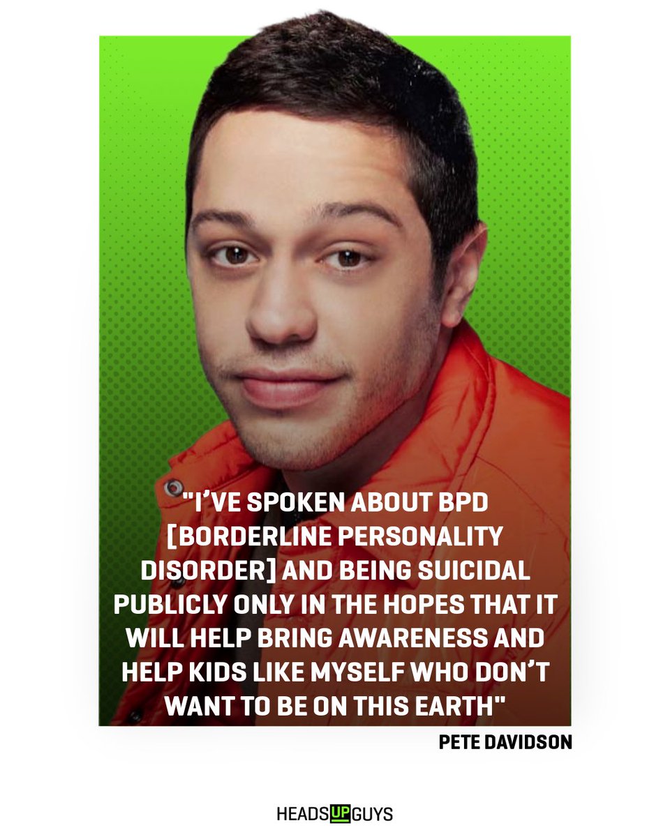 HeadsUpGuys's tweet photo. By speaking candidly about his struggles, comedian Pete Davidson has become an advocate for mental health awareness, particularly for BPD and PTSD. His openness has helped destigmatize these conditions and encouraged others to seek help. https://t.co/mTfaqDy5Et