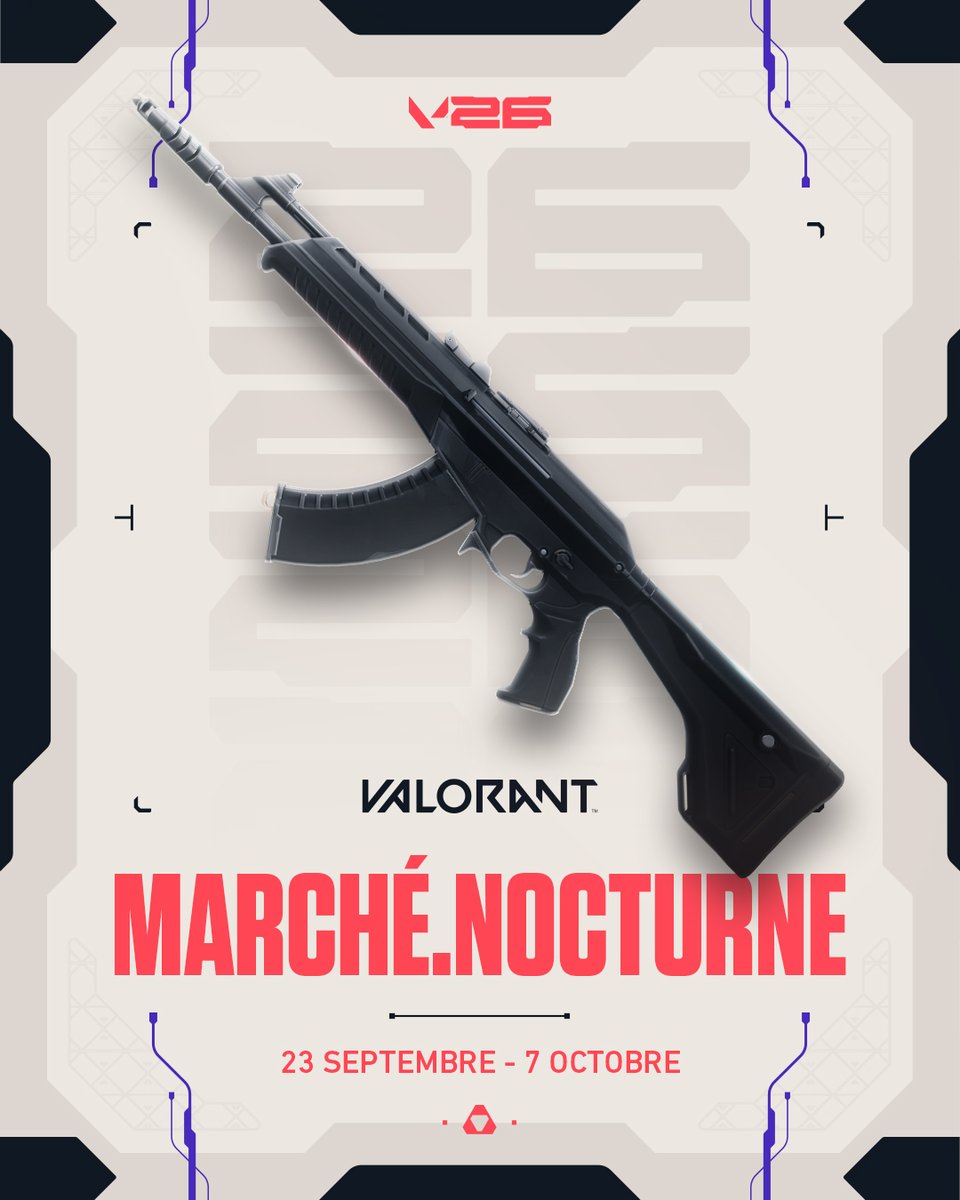 Cette image annonce le retour du Marché.nocturne de VALORANT. Cet événement revient du 22 septembre au 7 octobre. Cette image affiche un Vandal de base sur fond futuriste clair, avec des accents technologiques rouge et violet.
