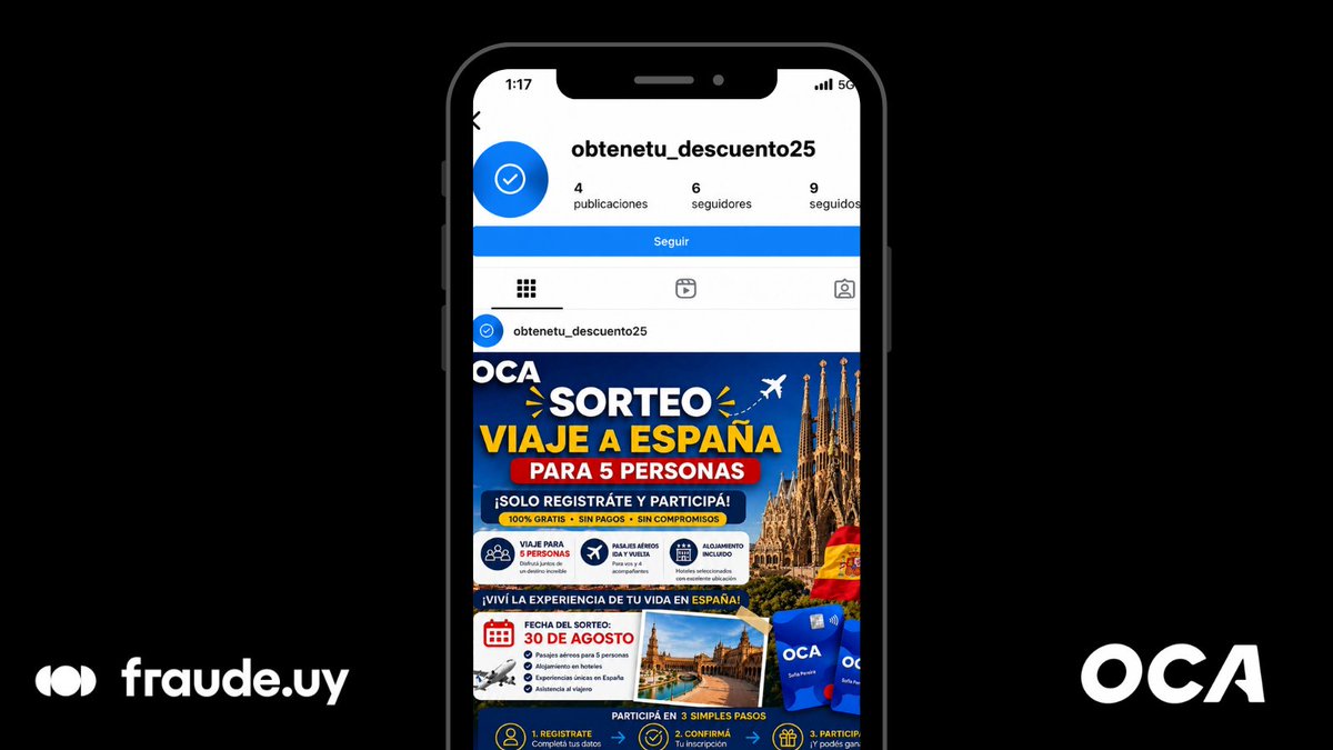 Fraudeuy's tweet photo. 🚨 OJO CON ESTE FALSO SORTEO DE OCACircula una publicación que promete un viaje a España para 5 personas, pero la cuenta que lo difunde no es oficial.

📲 Compartilo con alguien que use OCA.
👉 Seguinos para detectar fraudes antes de que sea tarde.

#FraudeUY #OCA #Uruguay https://t.co/a7LSeSBSyZ