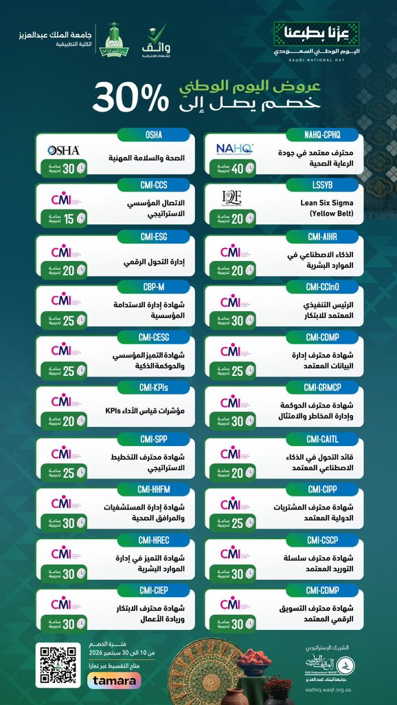 Dr_Wafy's tweet photo. إذا وجدت شهادة احترافية تقدمها جامعة من أعرق جامعات السعودية فخذها وانت مغمض !

مبادرة واثق في #جامعة_الملك_عبدالعزيز تقدم لكافة أفراد المجتمع فرصة الحصول على شهادات احترافية متميزة في سوق العمل..
اغتنم فرصتك مع أقوى خصومات العام في عروض اليوم الوطني السعودي 🇸🇦 التي تصل إلى 30% مع توفر تقسيط (تمارا)
بادر وكن من أقوى المنافسين في سوق العمل..
لتفاصيل البرامج:
https://t.co/H3F3U67b9F