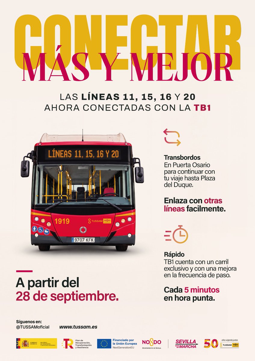 Ayto_Sevilla's tweet photo. A partir del 28 de septiembre, entra en funcionamiento la nueva línea TB1 de @TUSSAMoficial🚍

✅ 100% eléctrica y cero emisiones.
⚡ Frecuencias de 5 min en hora punta.
🚪 Entrada y salida por todas las puertas.
🔄 Nueva conexión y transbordo con las líneas 11, 15, 16 y 20. https://t.co/JZZBcp1KKq