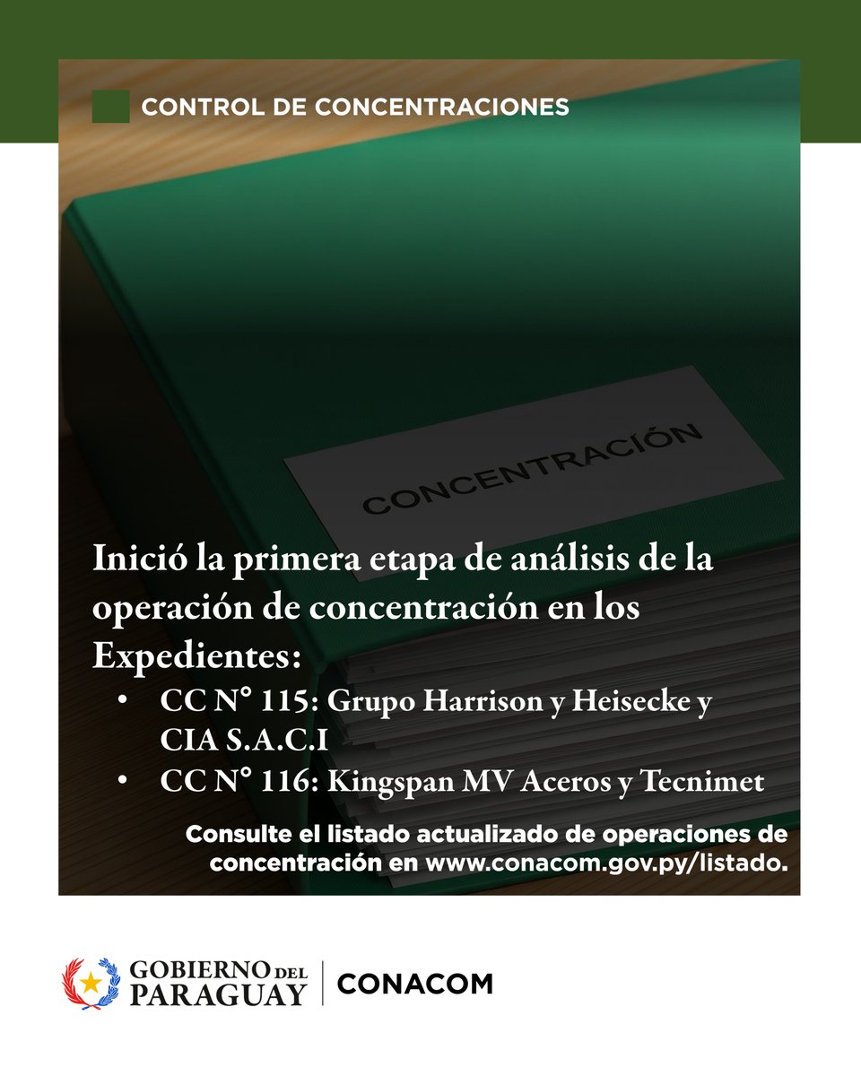 conacompy's tweet photo. Inició primera etapa de análisis en los expedientes: 
 
CC N° 115: Grupo Harrison y Heisecke y Cía. S.A.C.I.: 
 https://t.co/E5vaQRJGhn
 
 CC N° 116: Kingspan MV Aceros y Tecnimet: 
 https://t.co/LlxQpQrvOG
(1/2) https://t.co/t3hD4Gl9SJ