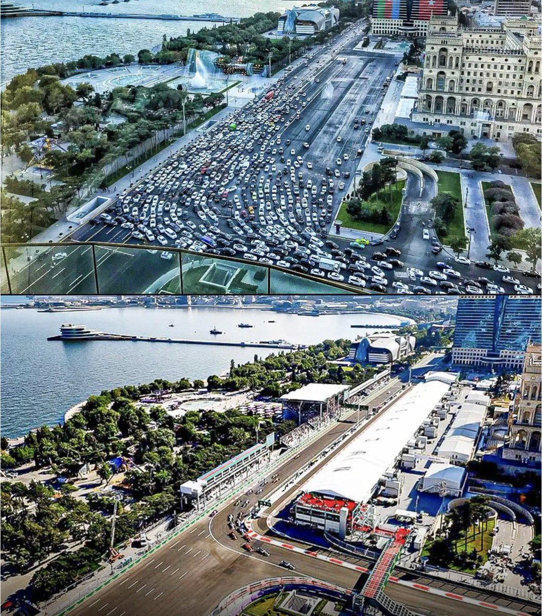 CadillacF1News_'s tweet photo. Look at the difference between turn 1 at Baku on a normal day vs race day😅 https://t.co/LJscnNOhIy