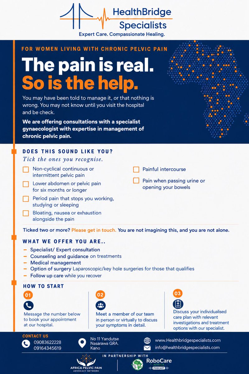 HBSKano's tweet photo. The pain is real. So is the help. 💙🧡

Living with chronic pelvic pain? You don’t have to suffer in silence. Get expert care and the right support.

📞 09083622228 | 09164345619
📍 HealthBridge Specialists, Kano

#ChronicPelvicPain #WomensHealth #Gynaecology #kano #Dangote https://t.co/qgvokJ7DMJ