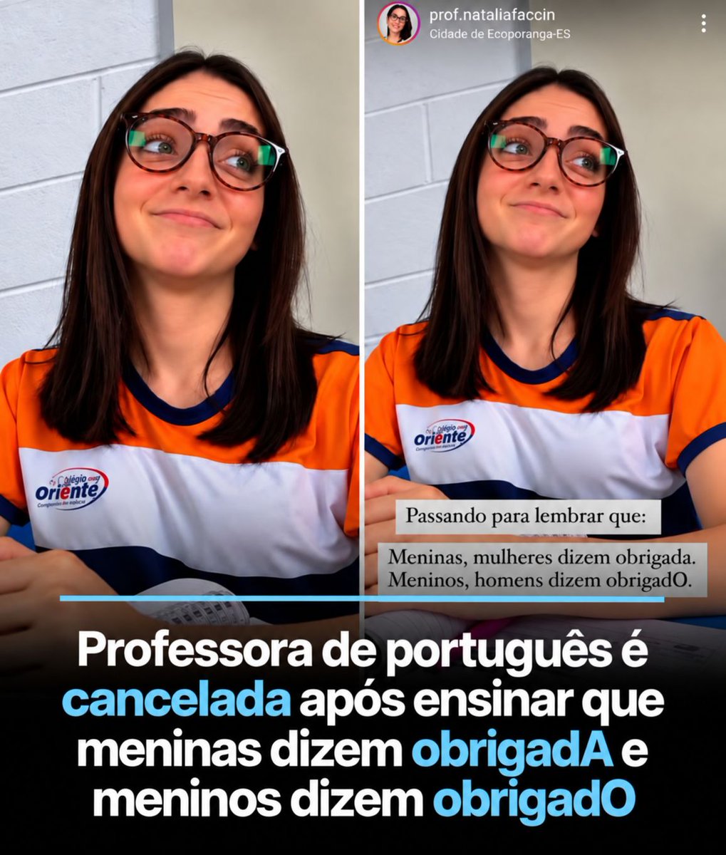 blognaointendo's tweet photo. Um vídeo da professora Natália Faccini viralizou após ela explicar uma regra da norma-padrão da língua portuguesa: homens dizem “obrigado” e mulheres dizem “obrigada”.

A publicação gerou debate nas redes sociais. Enquanto alguns usuários questionaram a explicação por não abordar formas de linguagem neutra, outros defenderam que a professora apenas ensinou a regra gramatical tradicional.

O episódio ganhou grande repercussão e reacendeu a discussão sobre a relação entre normas da língua, mudanças culturais e novas formas de comunicação.