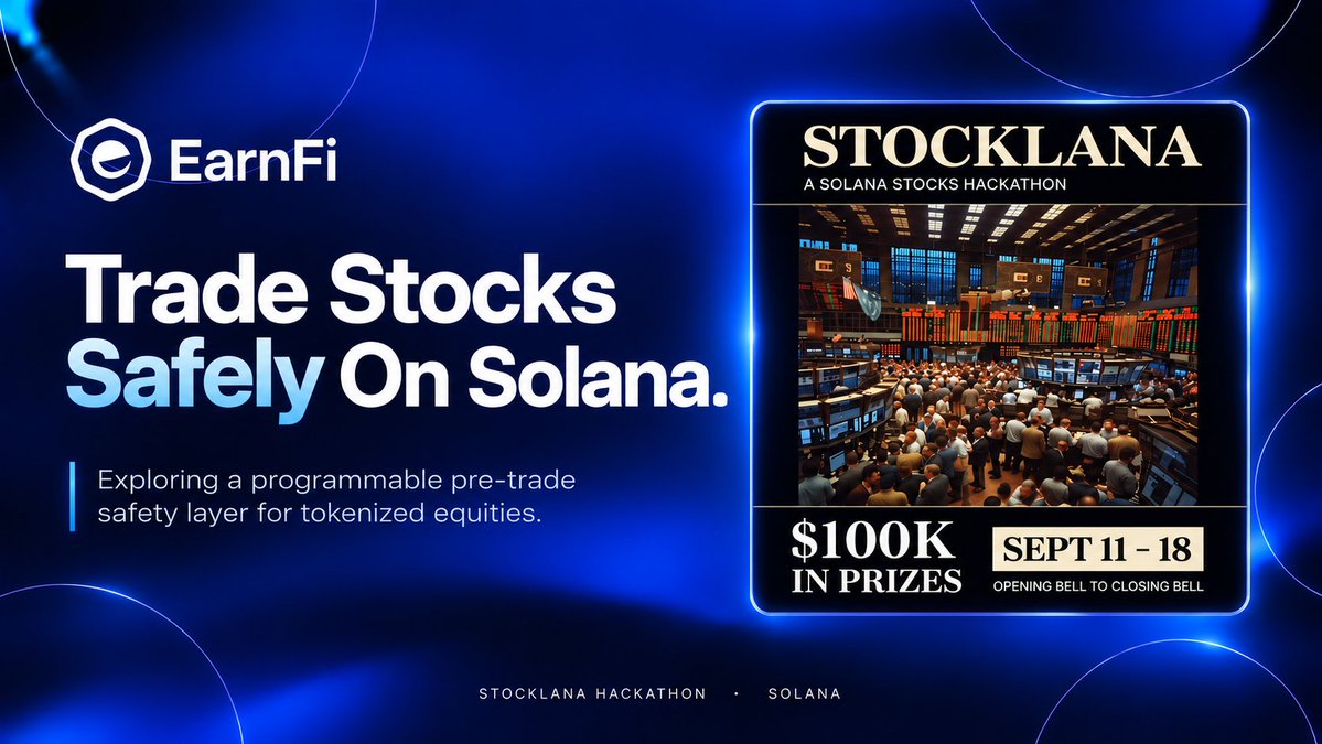 EarnFidotfun's tweet photo. Tokenized stocks can now trade 24/7 on Solana.

Tokenized equities are moving onchain, and they need a safe way to trade.

For the Stocklana Hackathon, we’re exploring a safer way to trade tokenized stocks on Solana, with the goal of making onchain equity trading more reliable for users and AI agents.

Building toward safer stock trading on Solana.

More soon. 👀