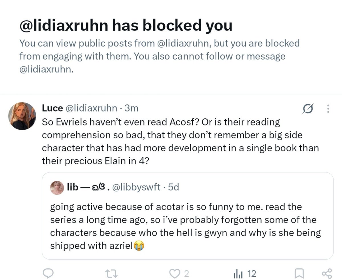 libbyswft's tweet photo. omg someone got triggered and blocked me 😭 sorry, babe. yes, i read acosf. no, i don’t remember every character you’ve decided is important. if she was that memorable, i probably would’ve remembered her. not my fault she isn’t, so... https://t.co/yv4eVTvTZs