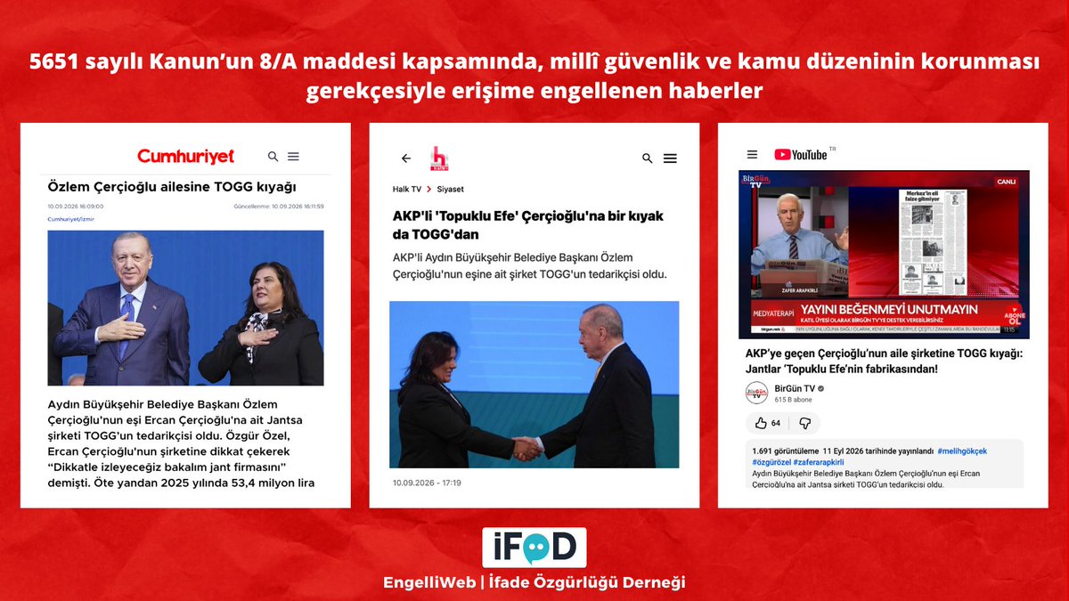 engelliweb's tweet photo. CHP'den istifa ederek AKP'ye katılan Aydın Büyükşehir Belediye Başkanı Özlem Çerçioğlu'nun eşinin ortak olduğu Jantsa'nın bağlı ortaklığı JMW Jant'ın TOGG'un yeni araç programında tedarikçi olarak seçilmesine ilişkin haberler, millî güvenlik ve kamu düzeninin korunması gerekçesiyle erişime engellendi. @ZaferArapkirli https://t.co/gG7SulRlj8