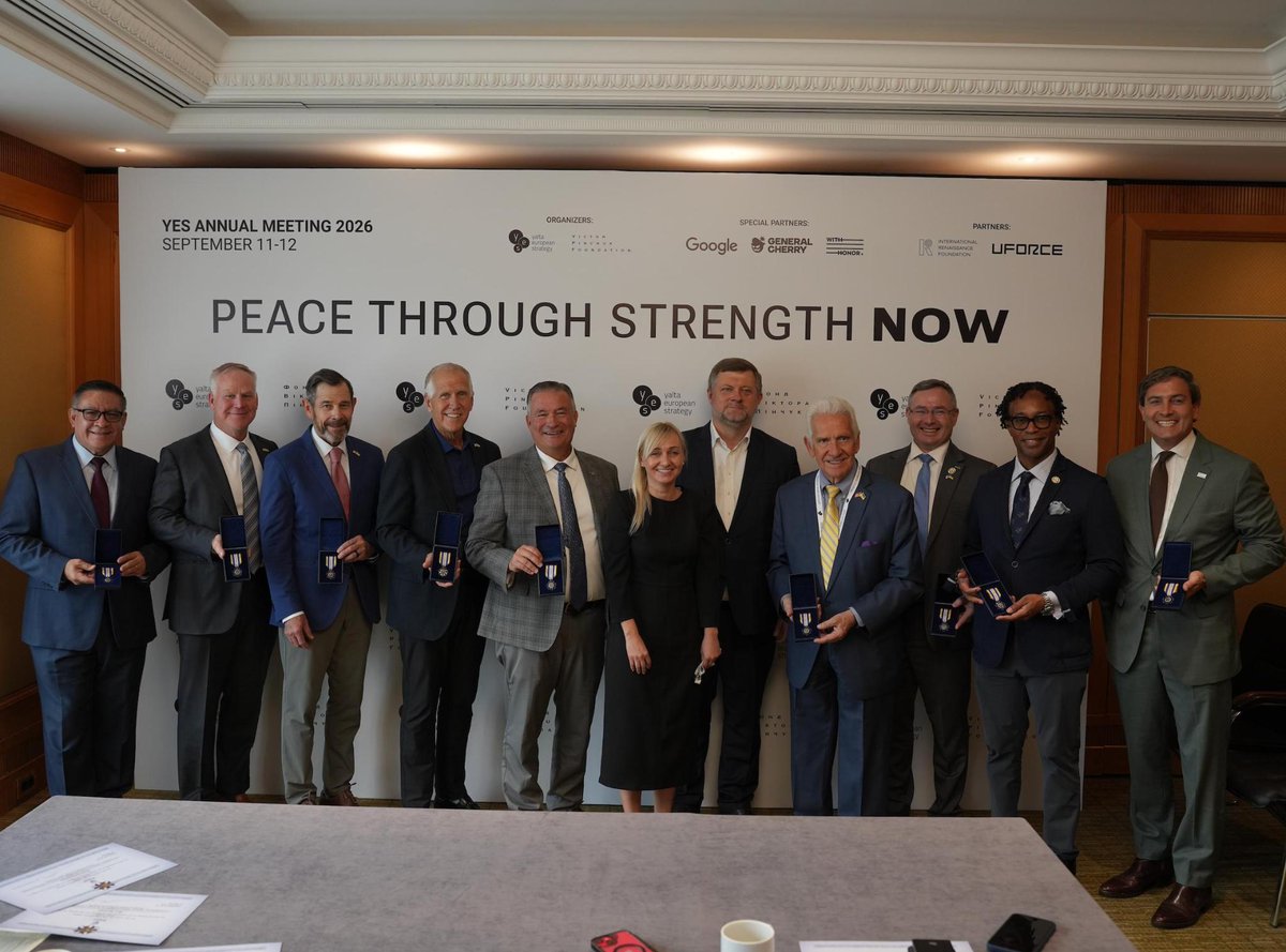 WithHonorAction's tweet photo. Last week, the Chairman of Ukraine's Parliament awarded the Ukrainian Badge of Honour "for our freedom and yours" to eight U.S. Members of Congress — three Republican senators, @SenArmstrong, @SenJohnCurtis, @SenThomTillis, and a bipartisan group of five representatives, @RepWesleyBellMO, @RepJimCosta, @RepVindman, including members of the @BipartisanVets: @RepDonBacon and  @RepCarbajal.

The delegation traveled to Kyiv with With Honor for the @yes_ukraine Annual Meeting, as Russian strikes intensified against civilian infrastructure. They walked past gas stations and grocery stores hit days earlier. Part of the group went on to Kharkiv to meet frontline medics. As they departed, a Russian drone struck a rail line minutes behind the train carrying officials out, two kilometers from the Polish border.​ On the ground in Ukraine, they saw firsthand why the $400M in appropriated security assistance for this year can't sit on the sidelines. It's time to move this funding so Ukraine has the equipment and support it needs.

The visit was timely, with the House of Representatives voting on the Lindsey O. Graham Sanctioning Russia and Iran Act this week. The Senate passed this bill in August with an overwhelmingly bipartisan vote of 86-11.​ We encourage the House to pass this bill, which is a significant step toward further assistance for Ukrainian partners.

Read the full press release on @MorningstarInc: https://t.co/hSrEkU1Bjb