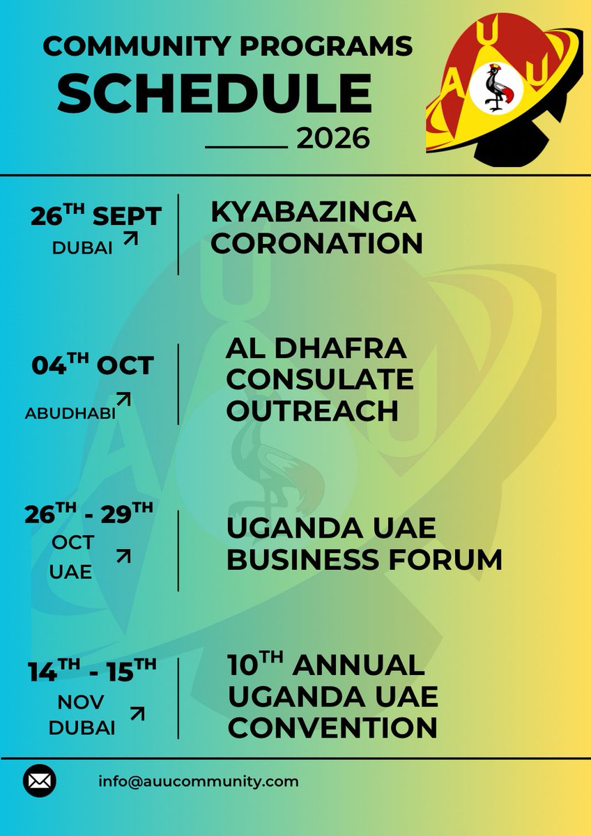 Auucommunity's tweet photo. Take Note ๐
Save the date for the below community events #auu @UgandaUae
#ugandansindiaspora https://t.co/Ye775jF92S