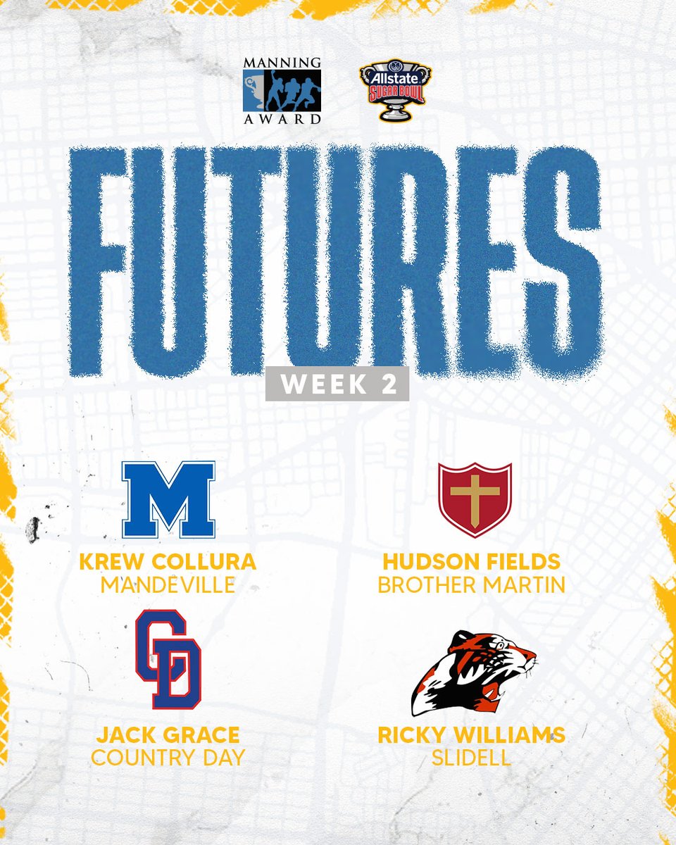 ManningAward's tweet photo. 🏈 The @Allstate #SugarBowl presents this week's #ManningAward Futures, recognizing four #NOLA area HS QBs for their outstanding performances this weekend!

🏆 Krew Collura, Mandeville
🏆 Hudson Fields, Brother Martin
🏆 Jack Grace, Country Day
🏆 Ricky Williams, Slidell https://t.co/pEbBggLlyw