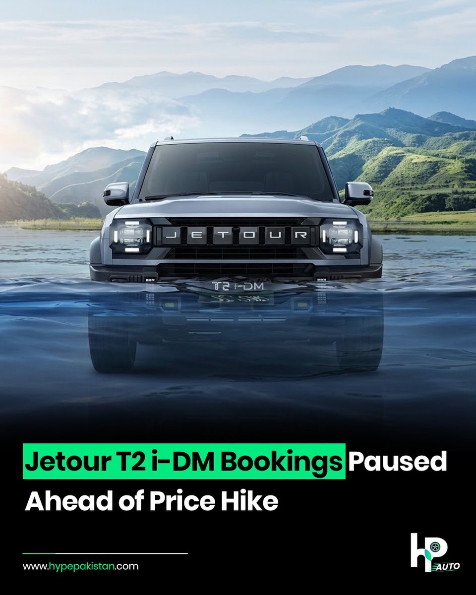 wefollow_1D's tweet photo. Jetour Pakistan has paused T2 i-DM plug-in hybrid SUV bookings after its introductory price lock expired on August 31, 2026. Bookings will reopen once revised pricing is finalized amid changing market conditions and import costs. https://t.co/T6ROnn1RTY