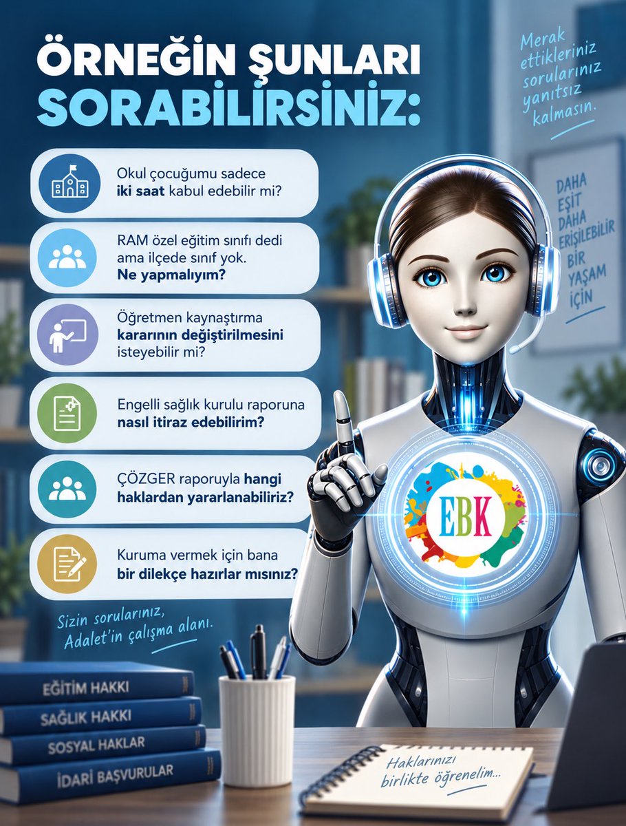 TrOtizmMeclisi's tweet photo. Okullar açıldı.  
Sorular da başladı.

“Çocuğumu okuldan erken almamı isteyebilirler mi?”  
“Sınıfta yer yok denirse ne yapacağım?”  
“Öğretmen, kaynaştırma kararının değiştirilmesini isteyebilir mi?”  
“Bunu kime, nasıl yazılı olarak soracağım?”

Ailelerin yaşadığı hak sorunlarında yalnızca hakkın ne olduğunu bilmek yeterli değil; nereye başvuracağınızı ve ne talep edeceğinizi bilmek de önemlidir.

@evde_beceri_kazandirma topluluğu tarafından hazırlanan Adalet, otizmli  bireylerin ve ailelerinin yasal hakları konusunda yol göstermek için hazırlandı.

Eğitim haklarının yanı sıra;

- Engelli sağlık kurulu raporları  
- ÇÖZGER  
- Sosyal haklar  
- İdari başvurular  
- Diğer hak ihlalleri  

konusunda sorularınızı Adalet’e sorabilirsiniz.

Gerektiğinde ilgili kuruma sunulmak üzere dilekçe hazırlamasını da isteyebilirsiniz.

Adalet, resmi avukatlık hizmetinin yerine geçmez ancak haklarınızı öğrenmek için iyi bir başlangıç. 

Hikayelerde de paylaştığımız linke @evde_beceri_kazandirma hesabından ulaşabilirsiniz.
