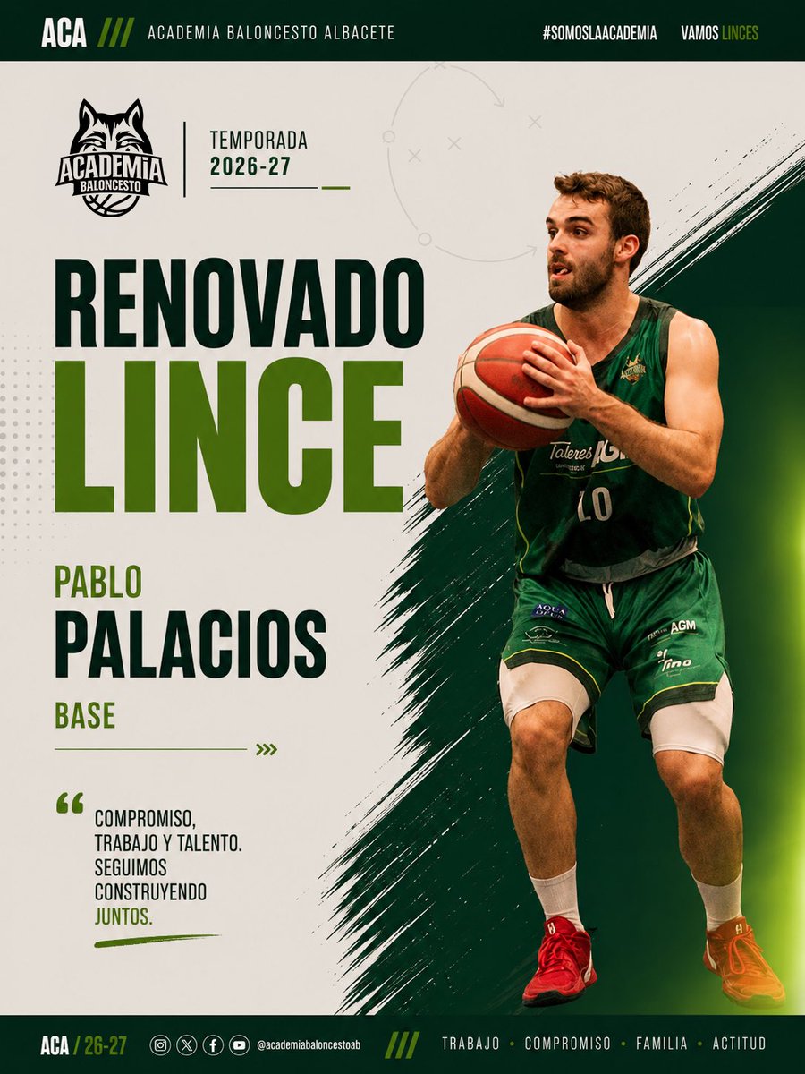 LaAcademiaAB's tweet photo. 💚 PABLO PALACIOS, LINCE RENOVADO

Seguimos construyendo el equipo para la temporada 2026/27.

Pablo Palacios continuará defendiendo nuestros colores y aportando su talento, trabajo y compromiso desde la posición de base. 🏀

Una temporada más juntos.
¡Vamos, Pablo! 💚 https://t.co/gDbBXHuNeF