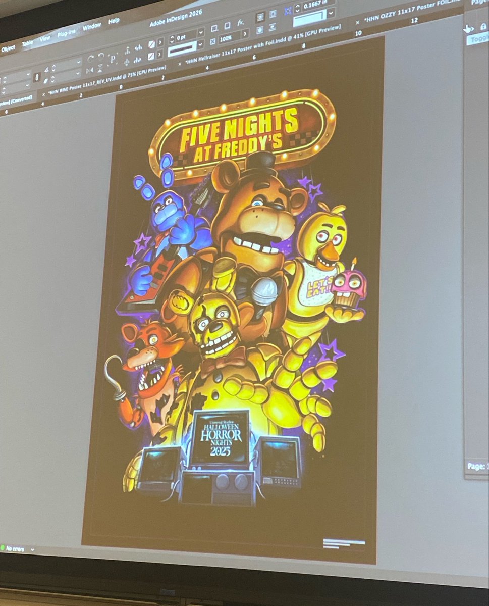 OOGraham2's tweet photo. I’m currently in Class and my Teacher is showing off work he did for HHN, including this Fnaf Poster from last year!

He didn’t make the Art Work, but he made the UV (Purple Layer) for the designs to have Foil or Indentation when made into merch. https://t.co/kpT0ZIWSKp