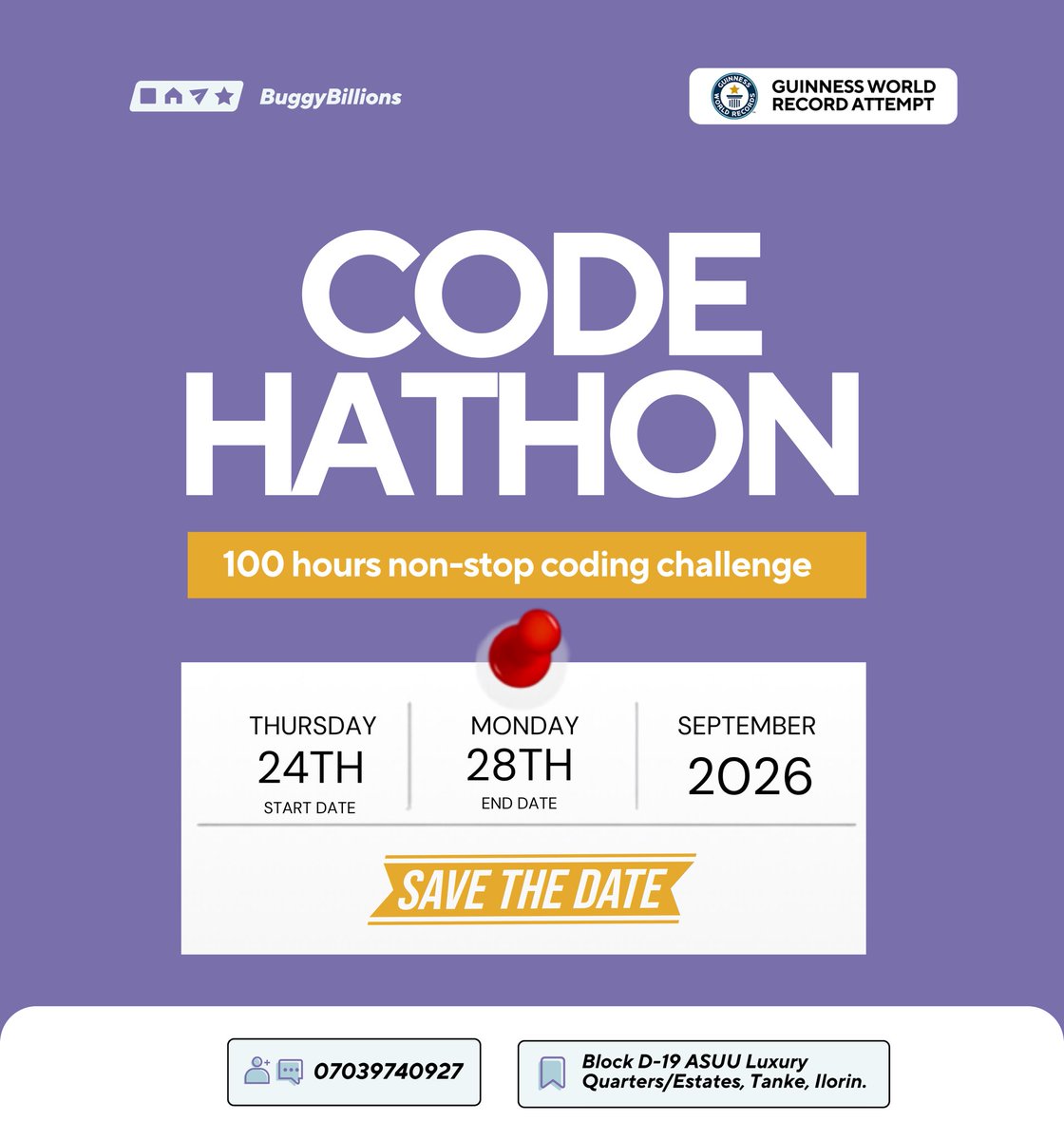 BuggyBillionsng's tweet photo. *🚀 THE WAIT IS OVER. THE CODEATHON IS HERE!*

Something BIG is about to happen at BuggyBillions! 💻🔥

The countdown starts NOW! ⏳🔥
#BuggyBillions #Codeathon2026 #CodingChallenge #TechInnovation #GuinnessWorldRecords #100HoursOfCoding #Ilorintech https://t.co/U1o7sPESmY