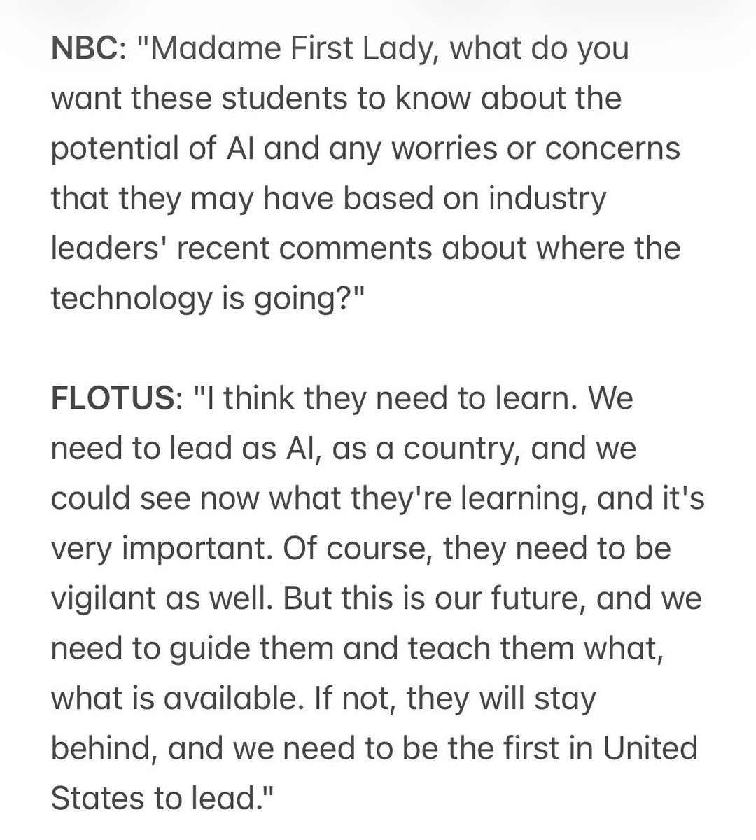 albamonica's tweet photo. Asked @FLOTUS what her message is to kids who might be worried about what tech leaders are saying on AI as she visits an elementary school in NC today. 

“I think they need to learn” but “need to be vigilant as well,” she said, while stressing U.S. should “lead.” 

Full answer: https://t.co/vIXsda0pJ2
