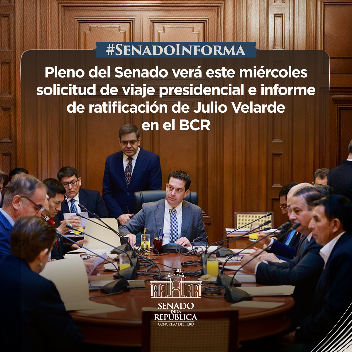 congresoperu's tweet photo. #SenadoInforma | El Pleno del Senado de la República analizará este miércoles 16 la solicitud de viaje presidencial y el informe que recomienda la ratificación de Julio Velarde como presidente del Banco Central de Reserva del Perú (BCR), entre otros temas.
📌 Nota completa: https://t.co/9juJ5tNXIs