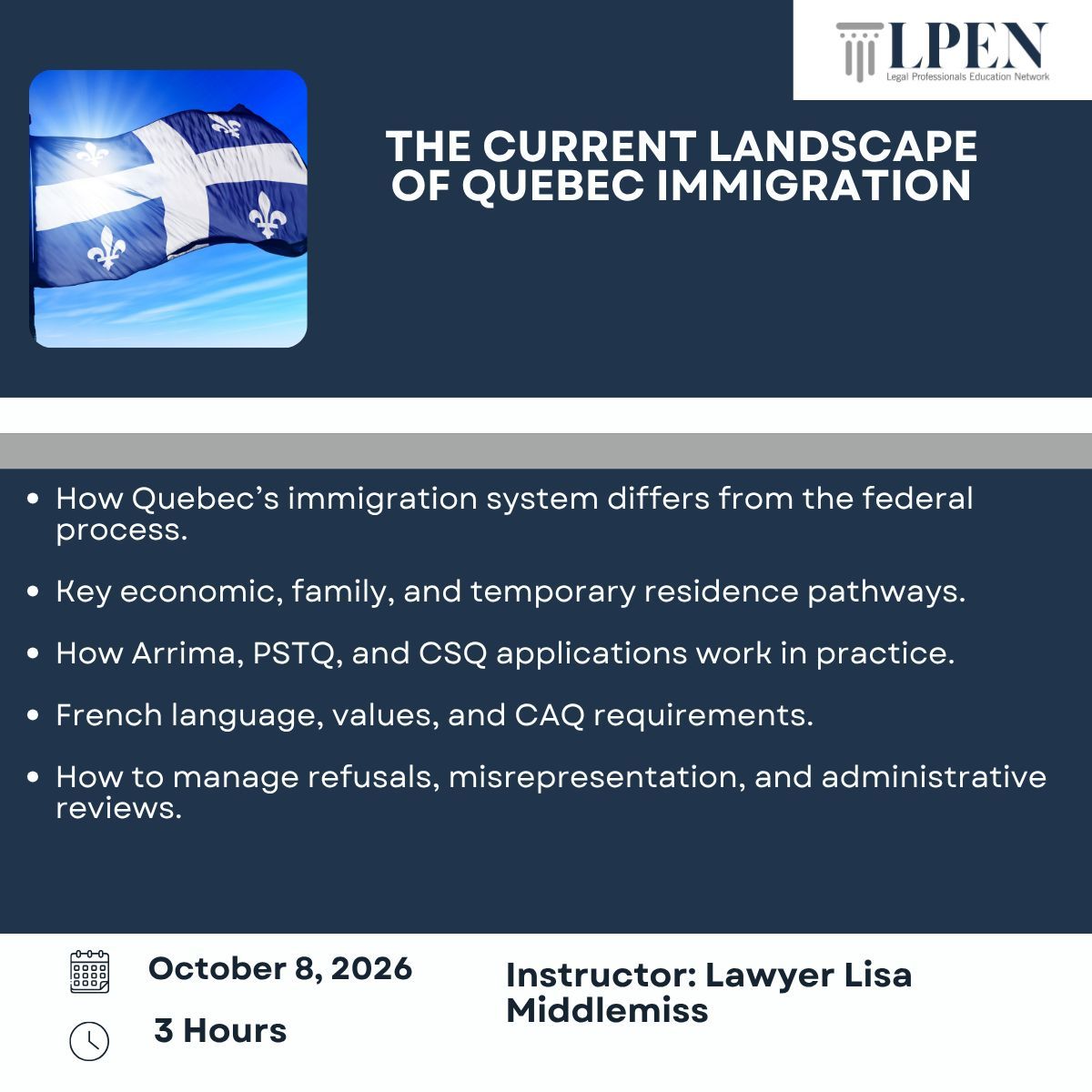 LPENCPD's tweet photo. Join Lisa Middlemiss on October 8 for a practical look at Arrima, PSTQ, CSQs, CAQs, family class, temporary residence, and more.

https://t.co/xvGfCqHlBK https://t.co/dSSkCqyEi9