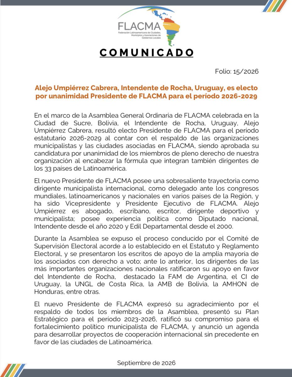 FLACMA_'s tweet photo. #FLACMA elige a Alejo Umpiérrez Cabrera🇺🇾 como Presidente para el periodo 2026-2029
El Intendente de Rocha, Uruguay @alejoumpierrez es un municipalista de sobresaliente trayectoria como edil, diputado, escritor, dirigente político y de @cintendentesuy
#LiderazgoLatinoamericano https://t.co/71ZU2g0qQi